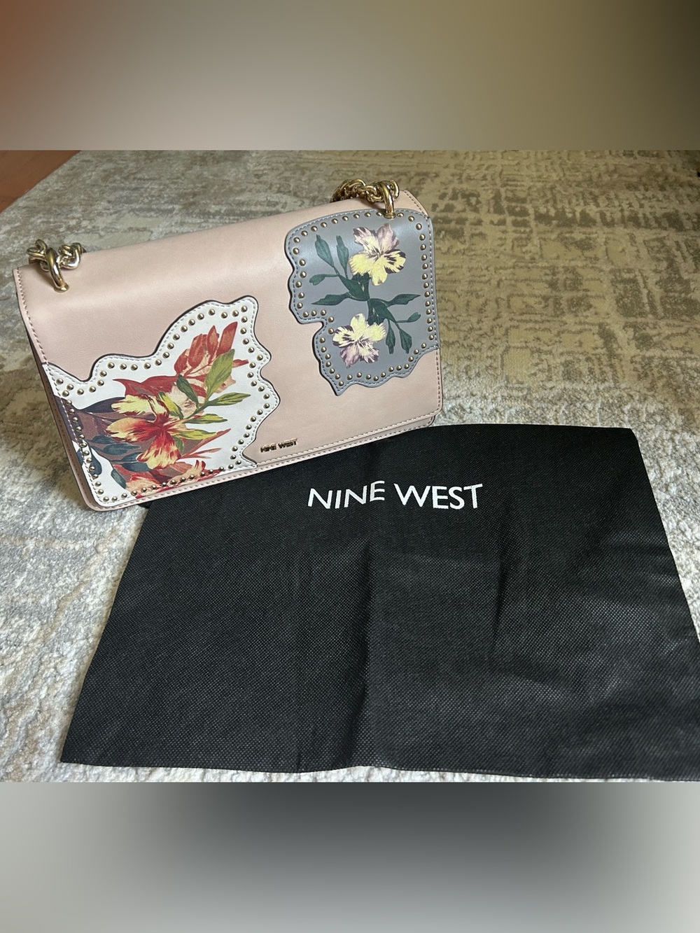 Nine West Floral Studded Chain Shoulder Bag Blush Pink Crossbody
